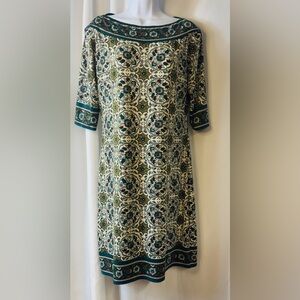 Max Studio Green Cream 3/4 Sleeve Sheath Dress Tapestry Medallion Print size L